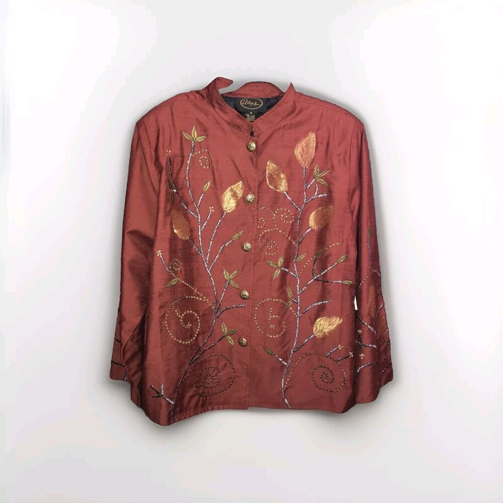 Alex Kim Boho Blouse Long Sleeves 1x Burgundy Gold‎ Embroidery Floral Leaves